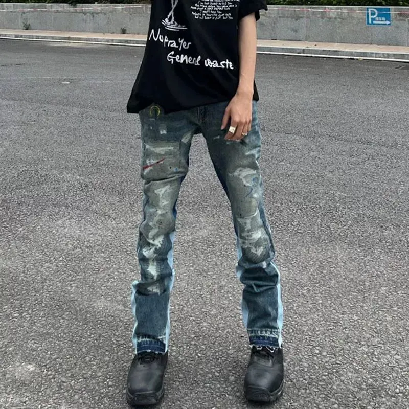 - Size upper body P300💰GA02 Top heavy industry GALLERY DEPT. Spliced ​​ink splash paint hand-stitched holes washed retro jeans men and women high street splash ink pants micro-flared casual trousers trendy couple same style Size: 28 30 32 34 36 (corresponding to S M L XL XXL)